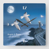Nautical Lighthouse Seagulls Wedding Clock スクエア壁時計 (正面)