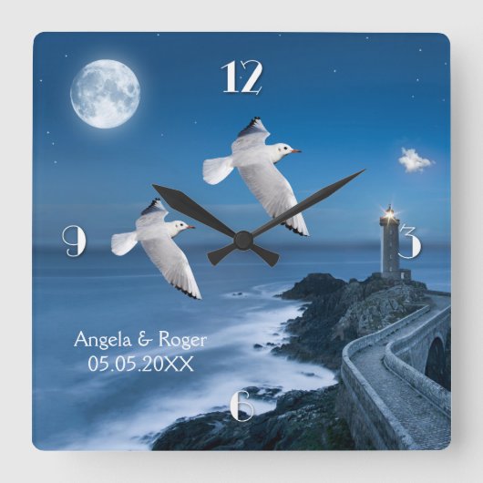 Nautical Lighthouse Seagulls Wedding Clock スクエア壁時計 (正面)