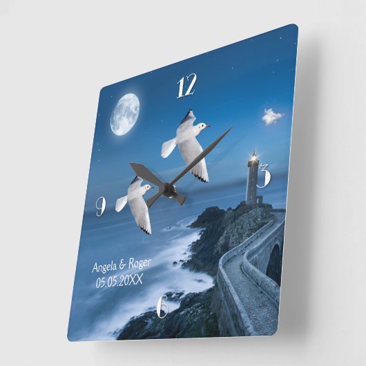 Nautical Lighthouse Seagulls Wedding Clock スクエア壁時計 (傾斜)