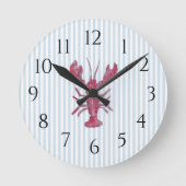 Nautical Lobster Blue Stripe Rustic Decor ラウンド壁時計 (正面)