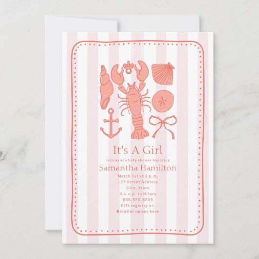 nautical Lobster Shells Pink Ribbon Girl Baby Sho 招待状 (正面)