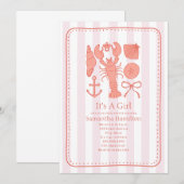 nautical Lobster Shells Pink Ribbon Girl Baby Sho 招待状 (正面/裏面)