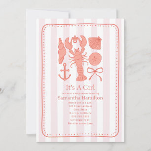 nautical Lobster Shells Pink Ribbon Girl Baby Sho 招待状