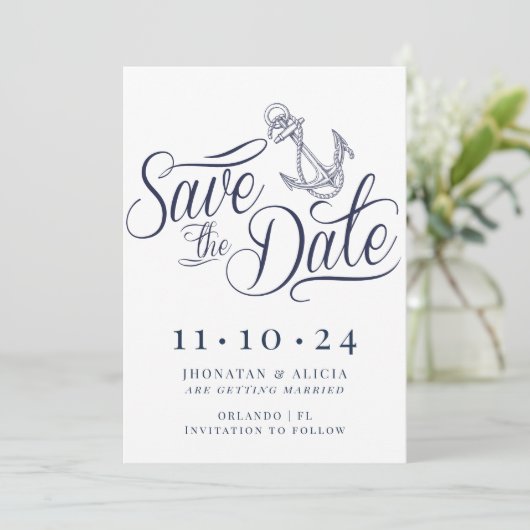 Nautical Modern White and Blue Save the Date 招待状 (スタンド正面)