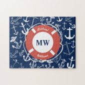 Nautical Monogram Navy Blue Anchor Pattern ジグソーパズル (横)