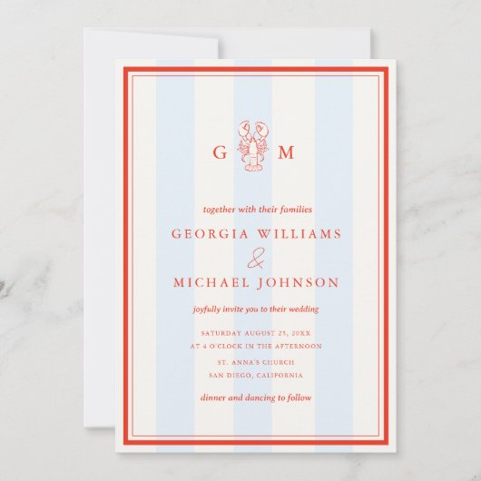 Nautical Monogram Red Blue Lobster Coastal Wedding 招待状 (正面)
