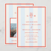 Nautical Monogram Red Blue Lobster Coastal Wedding 招待状 (正面/裏面)