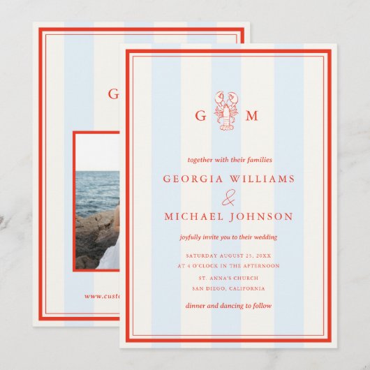 Nautical Monogram Red Blue Lobster Coastal Wedding 招待状 (正面/裏面)