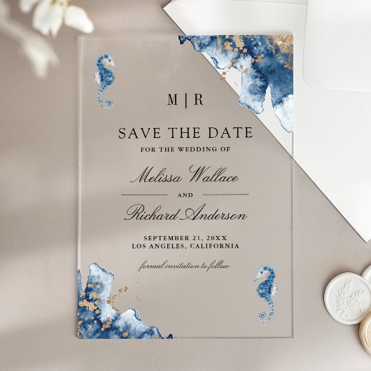 Nautical Monogram Seahorse Wedding Save the Date アクリル招待状