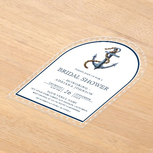 Nautical Navy Blue Anchor Arch Bridal Shower アクリル招待状 (レイダウン)
