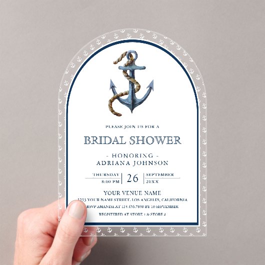 Nautical Navy Blue Anchor Arch Bridal Shower アクリル招待状 (インサイチュ (ポータブル))