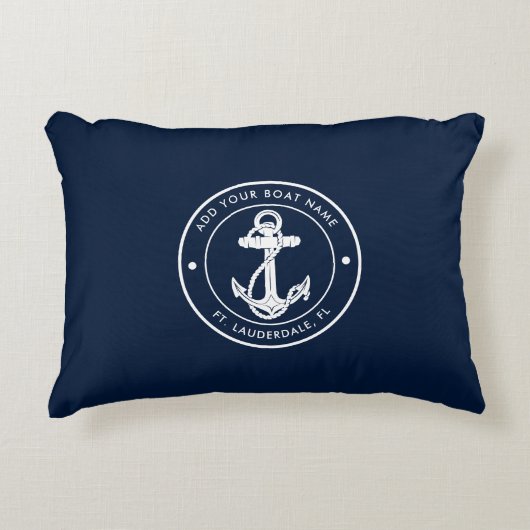 Nautical Navy Blue Anchor Boat Name Custom アクセントクッション (正面)