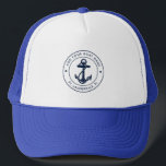 Nautical Navy Blue Anchor Boat Name Custom キャップ<br><div class="desc">Add your boat name, and dock by clicking the "Personalize" button above. Set sail in style with our custom nautical-themed hat, the ultimate companion for your maritime adventures. This trucker hat boasts a cute design inspired by the ocean's wonders, featuring classic maritime motifs such as an anchor and rope. Whether...</div>