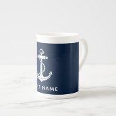 Nautical Navy Blue Anchor Boat Name Custom ボーンチャイナマグカップ (正面右)