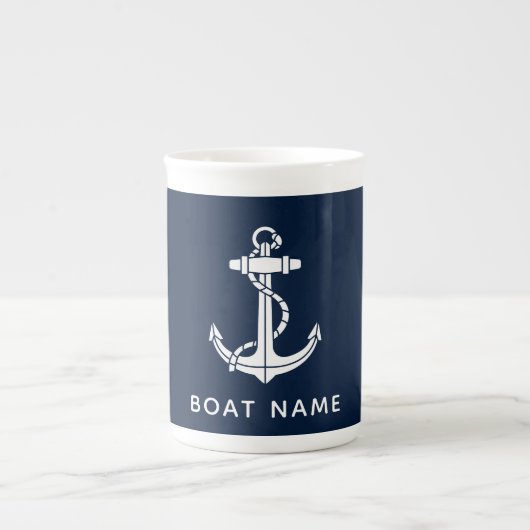 Nautical Navy Blue Anchor Boat Name Custom ボーンチャイナマグカップ (正面)