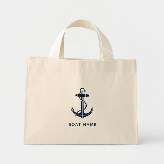 Nautical Navy Blue Anchor Boat Name Custom ミニトートバッグ (正面)