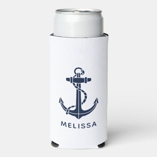 Nautical Navy Blue Anchor Boat Name Personalized スリム缶クーラー (Seltzer正面)