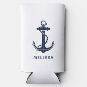 Nautical Navy Blue Anchor Boat Name Personalized スリム缶クーラー (正面)