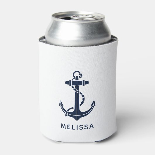 Nautical Navy Blue Anchor Boat Name Personalized 缶クーラー (缶正面)