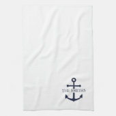 Nautical Navy Blue Anchor Personalized Family Name キッチンタオル (縦)