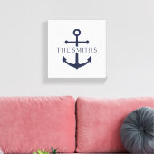 Nautical Navy Blue Anchor Personalized Family Name キャンバスプリント (インサイチュ (リビング))