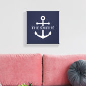 Nautical Navy Blue Anchor Personalized Family Name キャンバスプリント (インサイチュ (リビング))