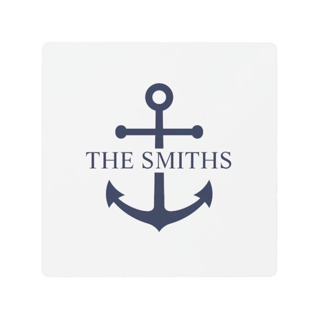 Nautical Navy Blue Anchor Personalized Family Name メタルプリント (正面)
