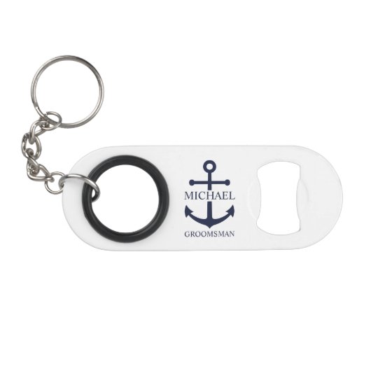 Nautical Navy Blue Anchor Personalized Groomsmen キーホルダー栓抜き (正面(横))