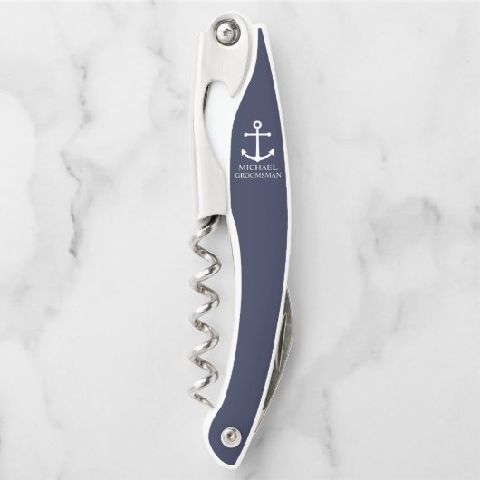 Nautical Navy Blue Anchor Personalized Groomsmen ソムリエナイフ (正面)