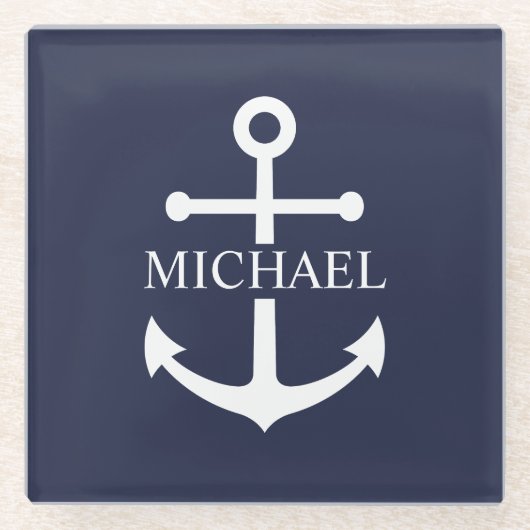 Nautical Navy Blue Anchor Personalized Name ガラスコースター (正面)