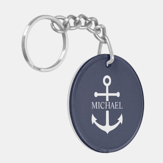 Nautical Navy Blue Anchor Personalized Name キーホルダー (正面左)