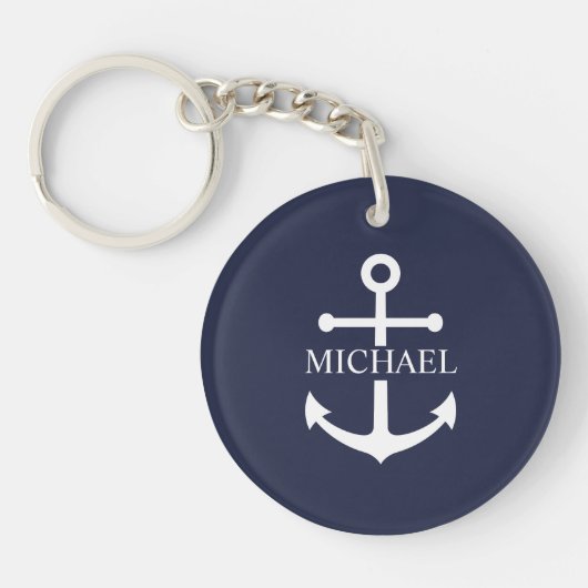 Nautical Navy Blue Anchor Personalized Name キーホルダー (正面)