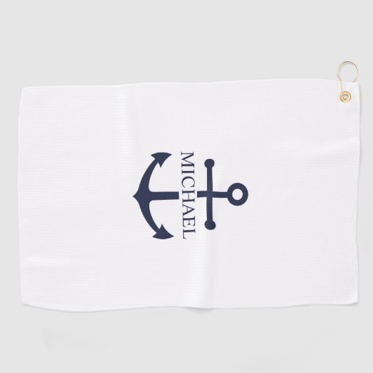 Nautical Navy Blue Anchor Personalized Name ゴルフタオル (横)