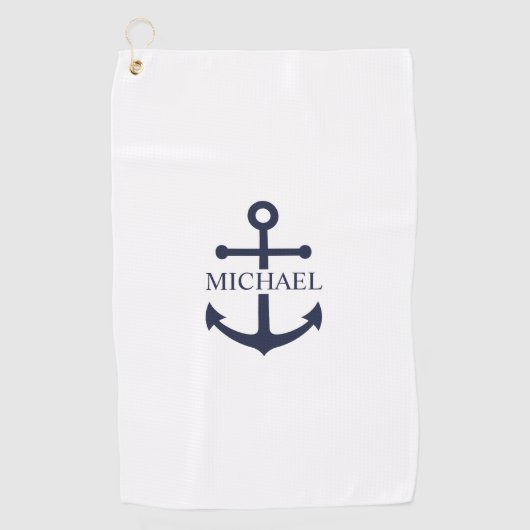 Nautical Navy Blue Anchor Personalized Name ゴルフタオル (正面)