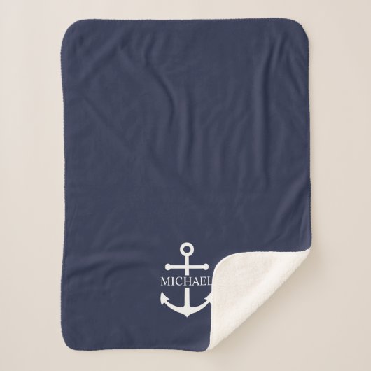 Nautical Navy Blue Anchor Personalized Name シェルパブランケット (正面)