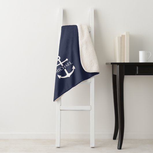 Nautical Navy Blue Anchor Personalized Name シェルパブランケット (インサイチュ)