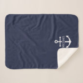 Nautical Navy Blue Anchor Personalized Name シェルパブランケット (正面(横))