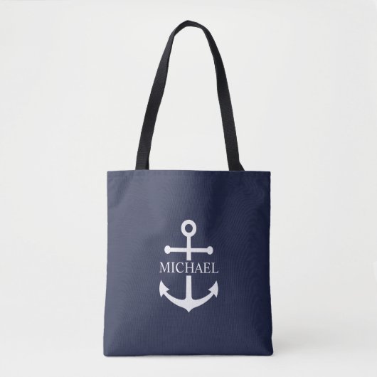 Nautical Navy Blue Anchor Personalized Name トートバッグ (正面)