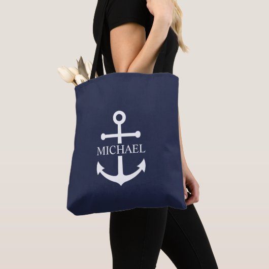 Nautical Navy Blue Anchor Personalized Name トートバッグ (クローズアップ)