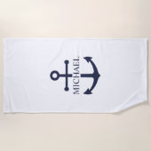Nautical Navy Blue Anchor Personalized Name ビーチタオル (正面)