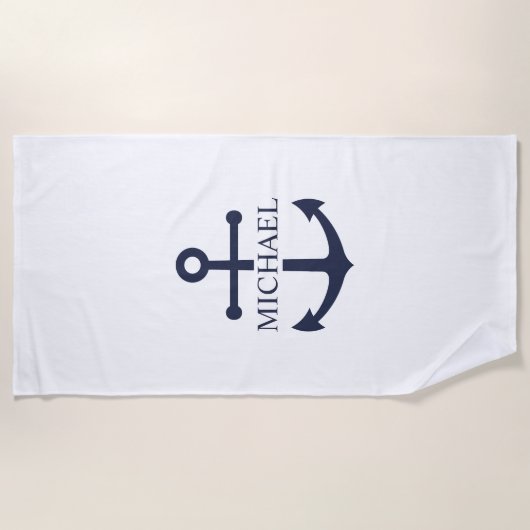 Nautical Navy Blue Anchor Personalized Name ビーチタオル (正面)