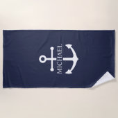 Nautical Navy Blue Anchor Personalized Name ビーチタオル (正面)