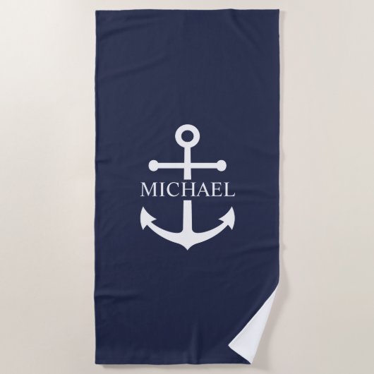Nautical Navy Blue Anchor Personalized Name ビーチタオル (正面)