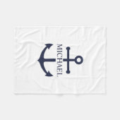 Nautical Navy Blue Anchor Personalized Name フリースブランケット (正面(横))