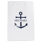 Nautical Navy Blue Anchor Personalized Name ミディアムペーパーバッグ (正面)
