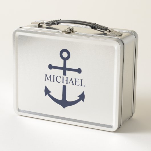 Nautical Navy Blue Anchor Personalized Name メタルランチボックス (正面)