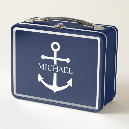 Nautical Navy Blue Anchor Personalized Name メタルランチボックス (正面)