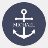 Nautical Navy Blue Anchor Personalized Name ラウンドシール (正面)