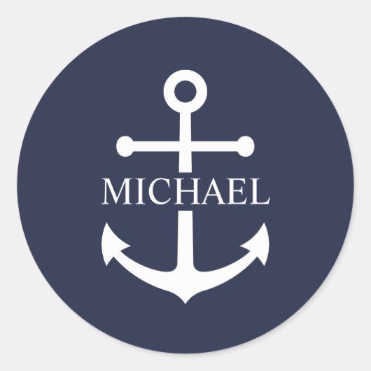 Nautical Navy Blue Anchor Personalized Name ラウンドシール (正面)