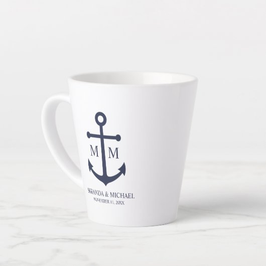 Nautical Navy Blue Anchor Wedding カフェラテマグ (左アングル)